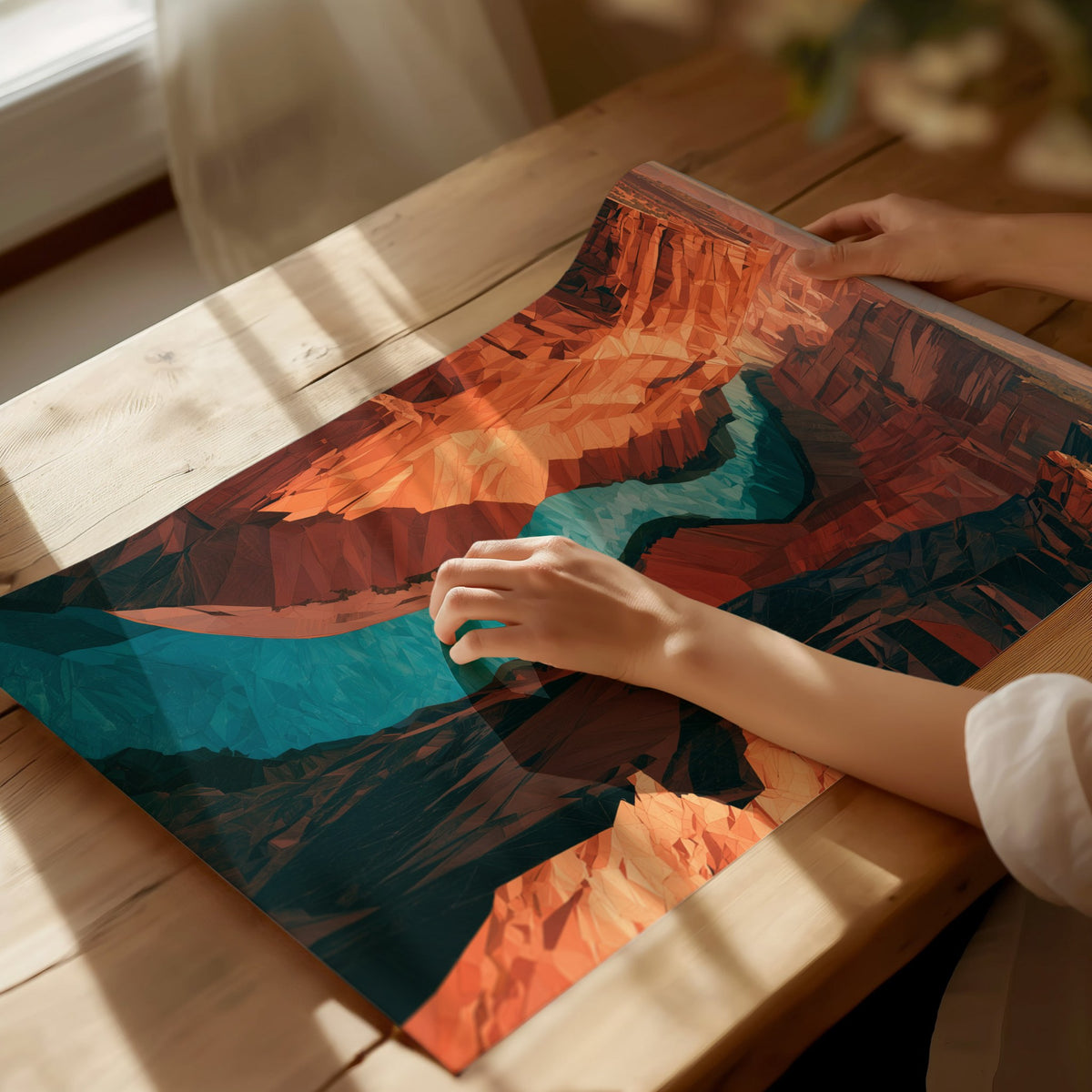 Canyon Holds River Poster | Turquoise and Ochre Low Poly Art Print | Modern Minimalist Wall Art — print detail on fine art pa