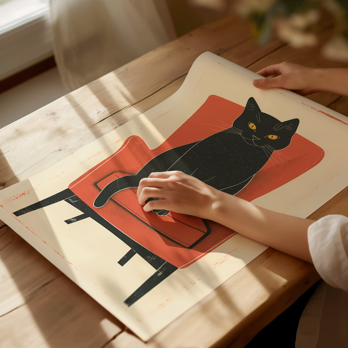 Black Cat in Red Chair Poster | Coral and Black Flat Design Art Print | Cat Lover Wall Art — print detail on fine art paper