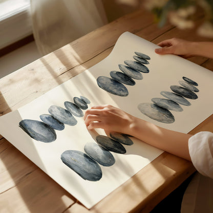 Four Stone Arrangements Poster | Gray and Blue-Gray Japanese Watercolor Art Print | Minimalist Wall Art — print detail on fin
