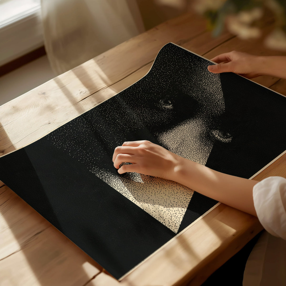 Face Emerging Light Poster | Black and Cream Pen and Ink Art Print | Dark Academia Wall Art — print detail on fine art paper