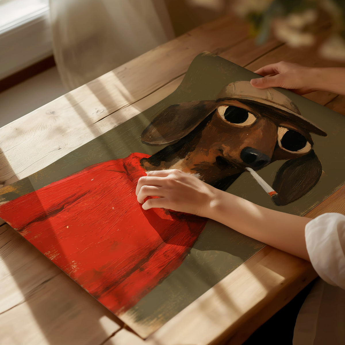 Dachshund In Red Poster | Red and Olive Oil Painting Art Print | Folk Art Wall Art — print detail on fine art paper