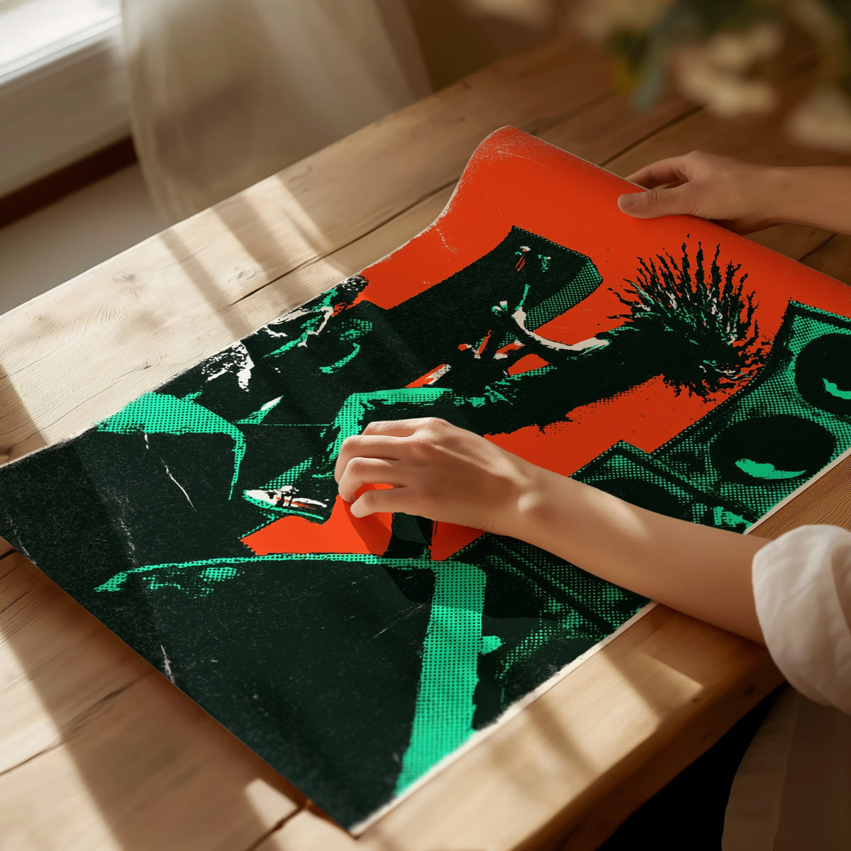 Guitarist Leaves Ground Poster | Orange and Green Screen Print Art Print | Music Lover Wall Art — print detail on fine art pa
