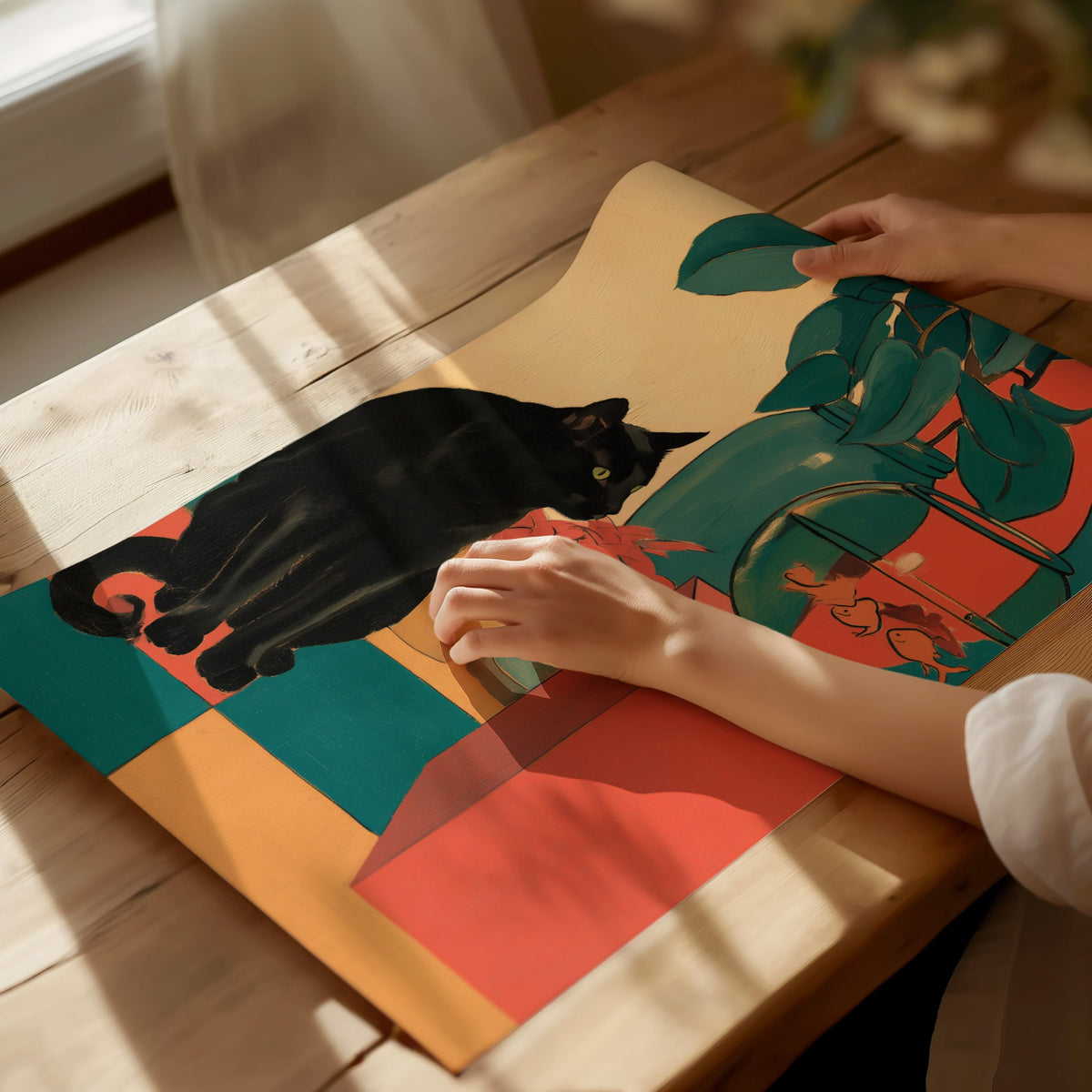 cat-and-goldfish Poster | Coral and Teal Matisse Style Art Print | Modern Home Wall Art — print detail on fine art paper