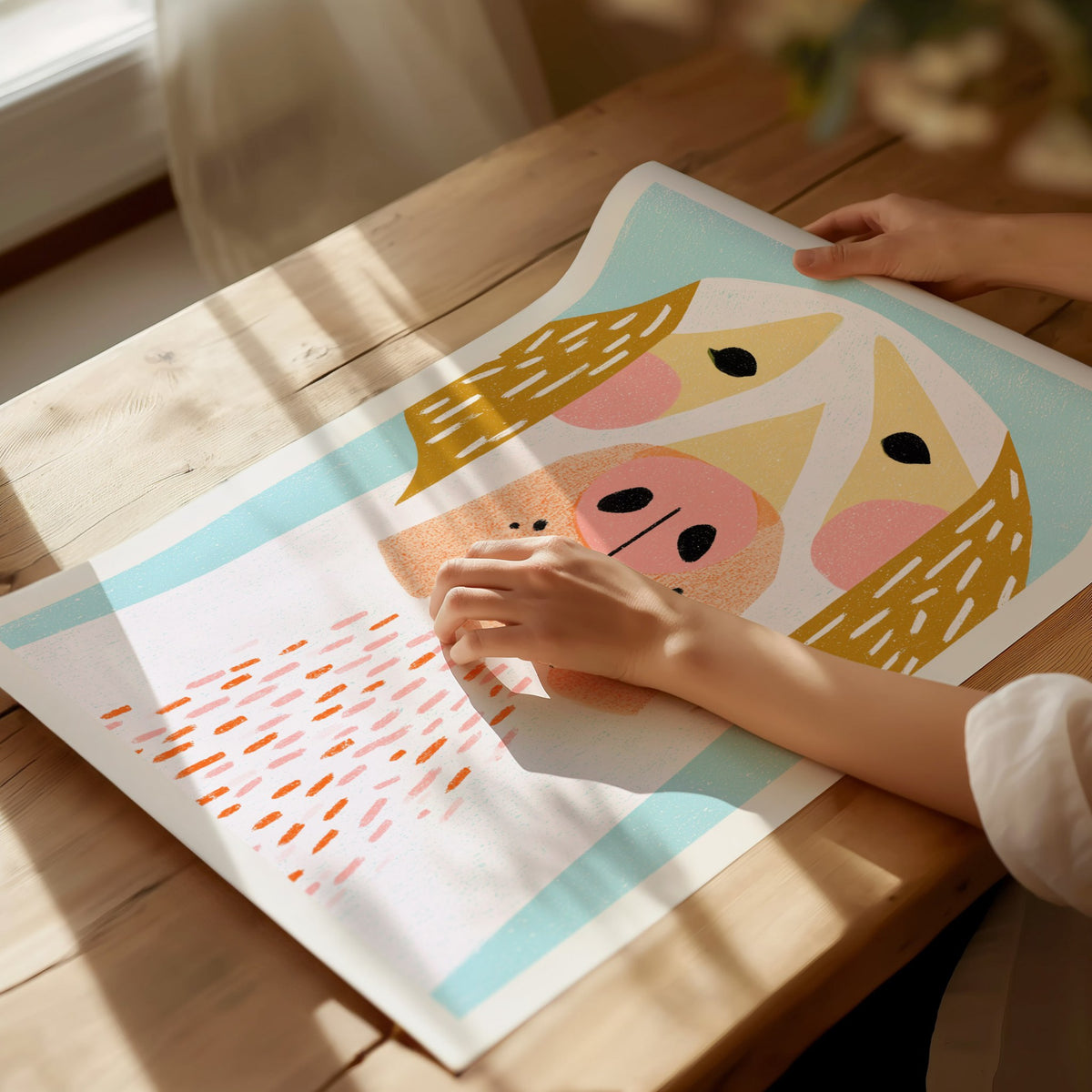 Golden Ears Poster | Mustard and Pink Illustrative Art Print | Kids Room Wall Art — print detail on fine art paper