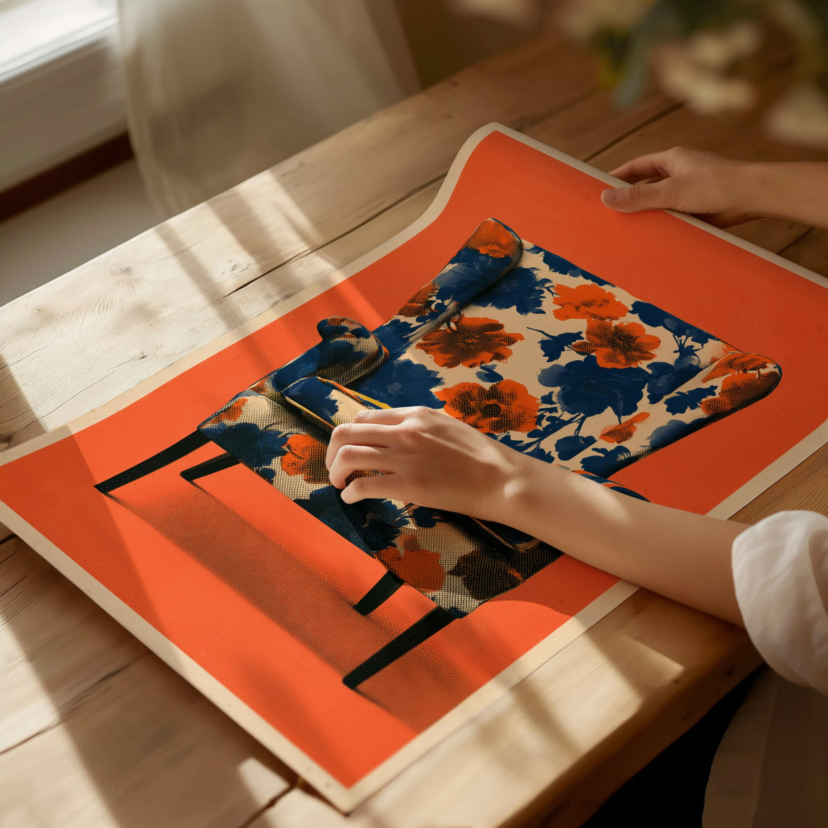 Armchair Blooms Poster | Cobalt and Coral Screen Print Art Print | Mid-Century Wall Art — print detail on fine art paper