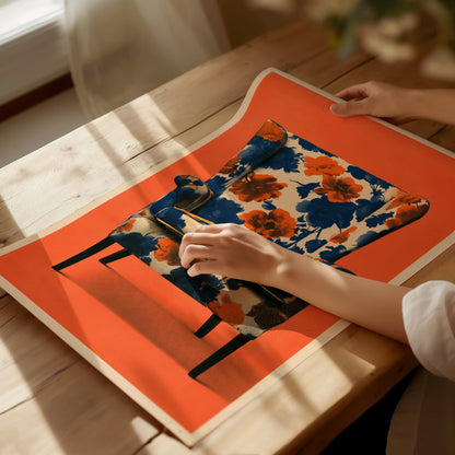 Armchair Blooms Poster | Cobalt and Coral Screen Print Art Print | Mid-Century Wall Art — print detail on fine art paper