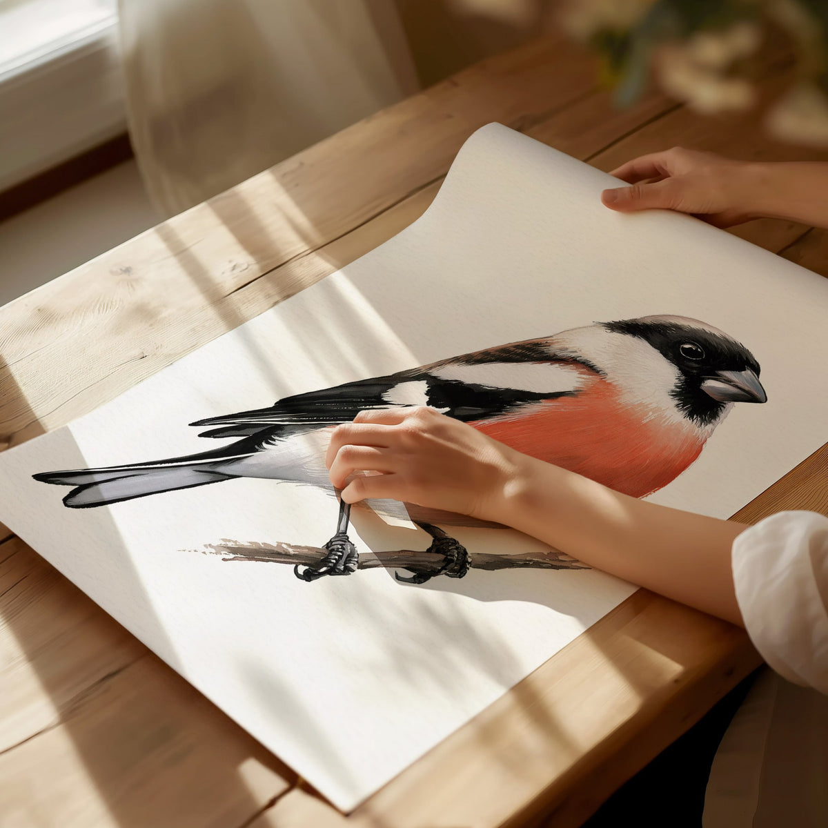 Bullfinch Owns Branch Poster | Orange and Black Watercolor Art Print | Naturalist Wall Art — print detail on fine art paper