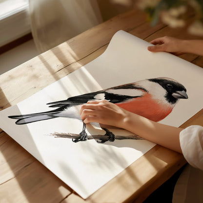 Bullfinch Owns Branch Poster | Orange and Black Watercolor Art Print | Naturalist Wall Art — print detail on fine art paper