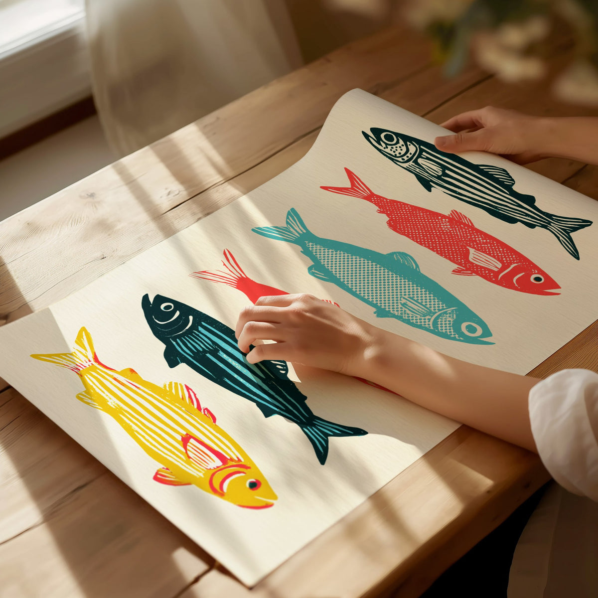 six-swimming-fish Poster | Teal and Coral Screen Print Art Print | Coastal Wall Art — print detail on fine art paper