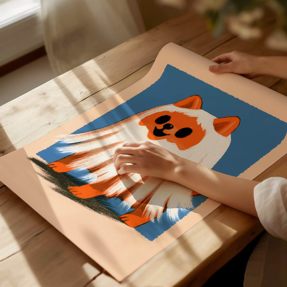 Ghost Dog Poster | Orange and Cobalt Illustrative Art Print | Kids Room Wall Art — print detail on fine art paper