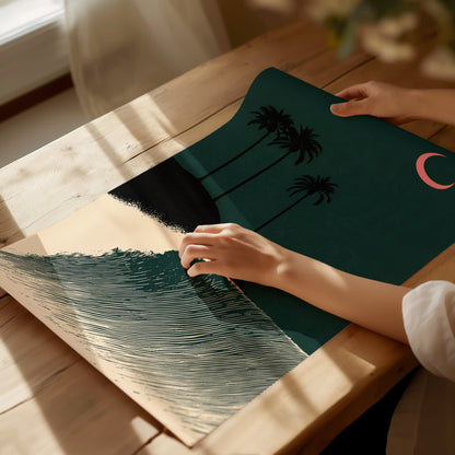 Moon Breaks Wave Poster | Green and Pink Screen Print Art Print | Surf Wall Art — print detail on fine art paper
