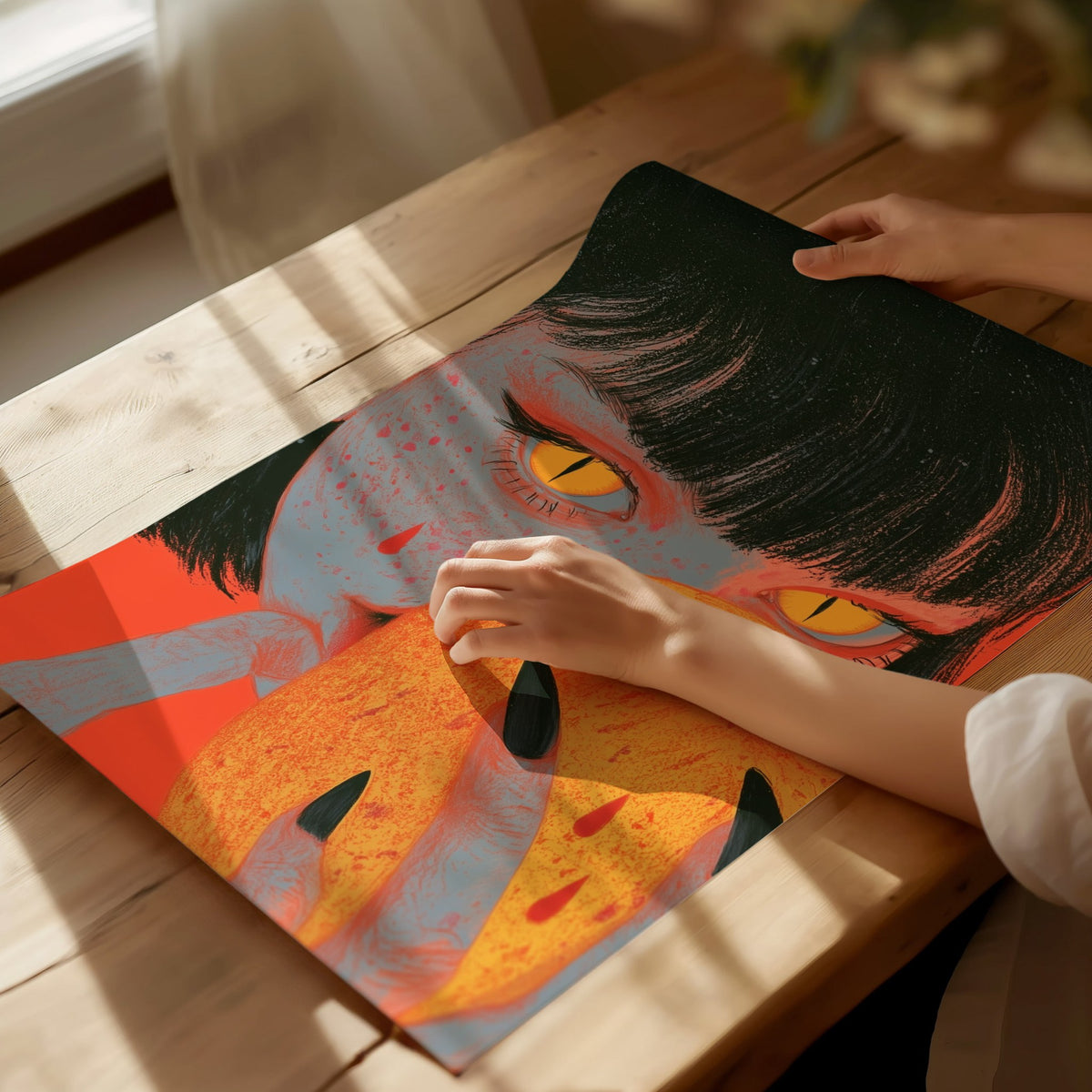 Devil Bites Apple Poster | Coral and Yellow Illustrative Art Print | Dark Fantasy Wall Art — print detail on fine art paper