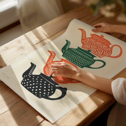 Stacked Teapots Poster | Burnt Orange Screen Print Art Print | Kitchen Wall Art — print detail on fine art paper