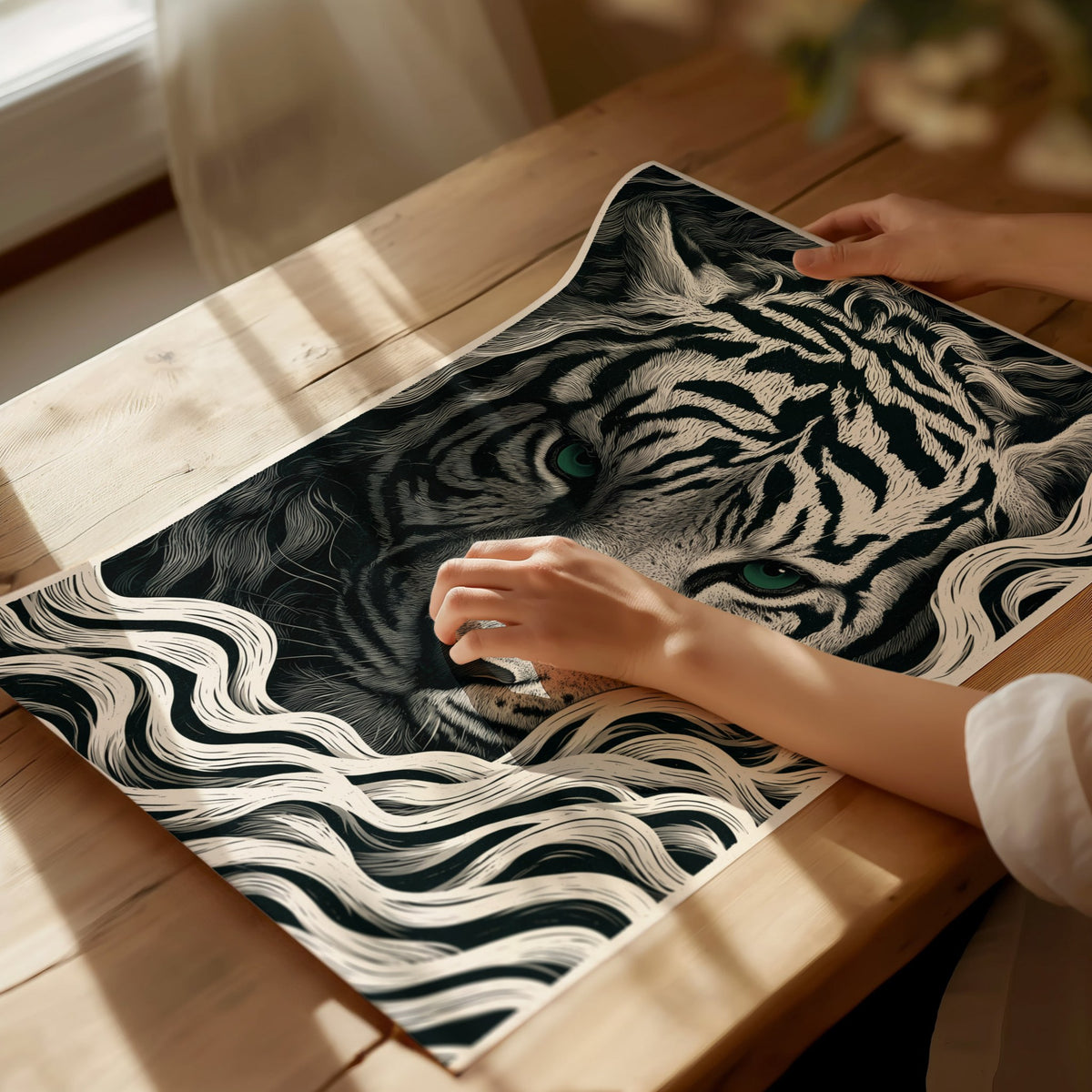 White Tiger Surfaces Poster | Black and Cream Pen and Ink Art Print | Dark Academia Wall Art — print detail on fine art paper