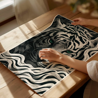 White Tiger Surfaces Poster | Black and Cream Pen and Ink Art Print | Dark Academia Wall Art — print detail on fine art paper
