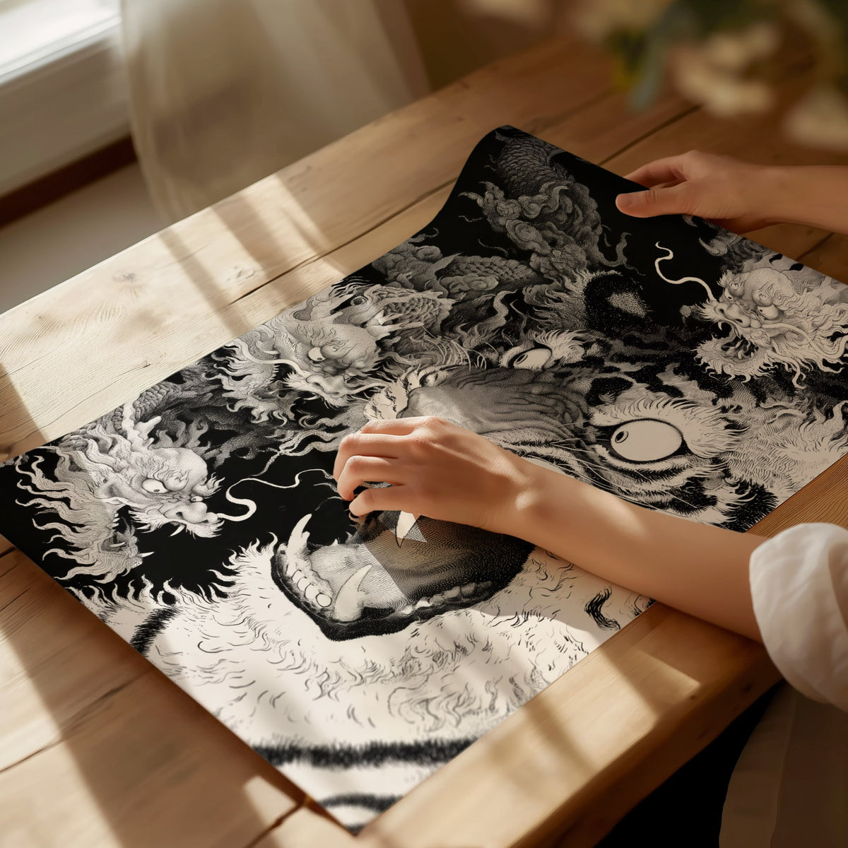 Tiger Plays Dragons Poster | Cream and Black Pen and Ink Art Print | Dark Fantasy Wall Art — print detail on fine art paper