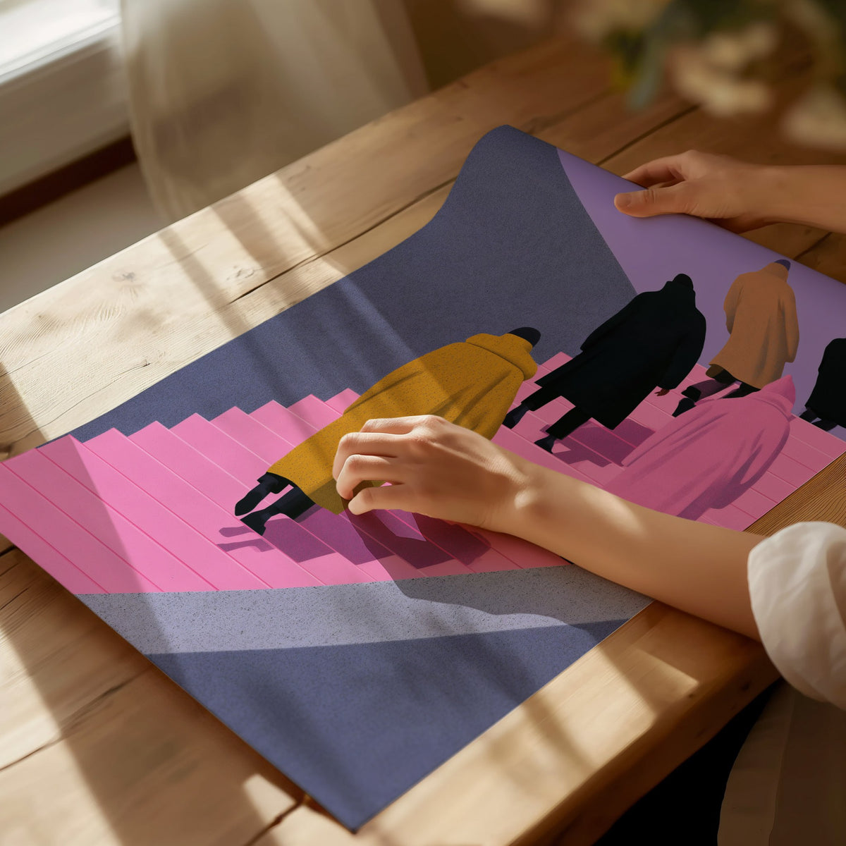 Figures Ascending Pink Poster | Pink and Purple Illustrative Art Print | Urban Minimalist Wall Art — print detail on fine art