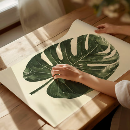 Monstera Leaf Grid Poster | Forest Green Screen Print Art Print | Botanical Wall Art — print detail on fine art paper