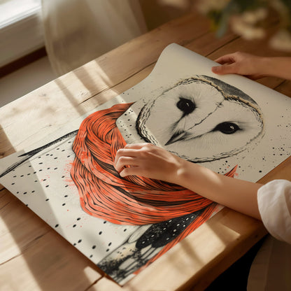 Owl in Scarf Poster | Black and Coral Pen and Ink Art Print | Cottagecore Wall Art — print detail on fine art paper