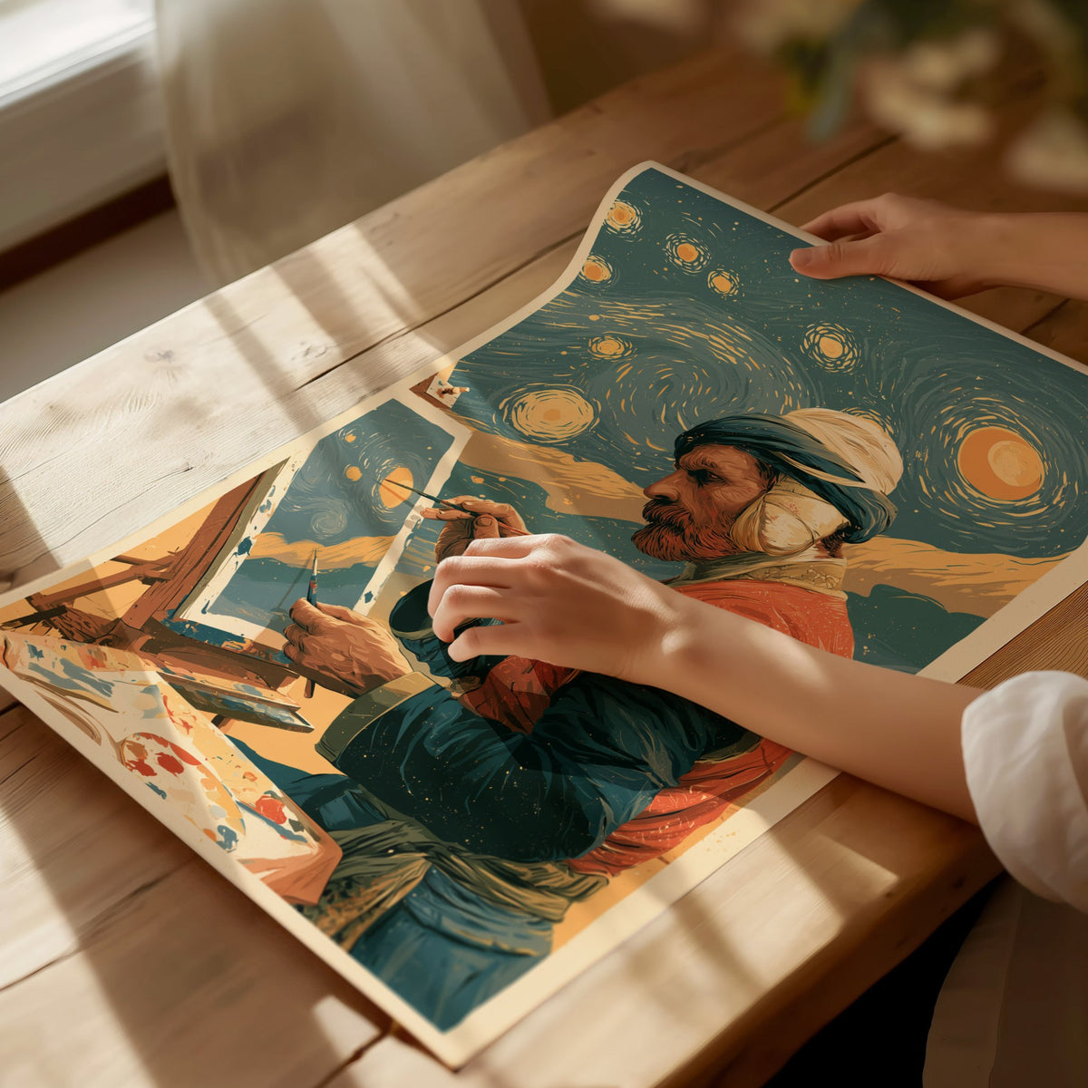 Van Gogh Paints Stars Poster | Teal and Amber Illustrative Art Print | Art History Wall Art — print detail on fine art paper