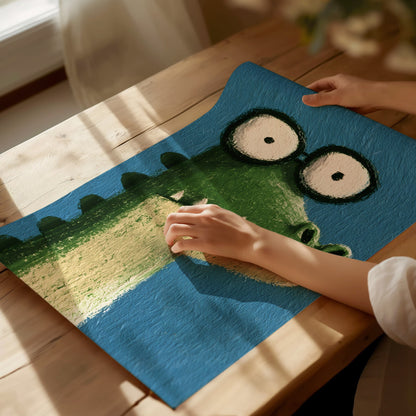 Wide-eyed Crocodile Poster | Green and Cobalt Illustrative Art Print | Kids Room Wall Art — print detail on fine art paper
