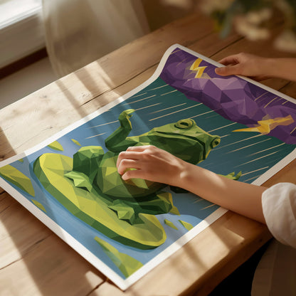 Toad Conducts Rain Poster | Green and Purple Low Poly Art Print | Kids Room Wall Art — print detail on fine art paper