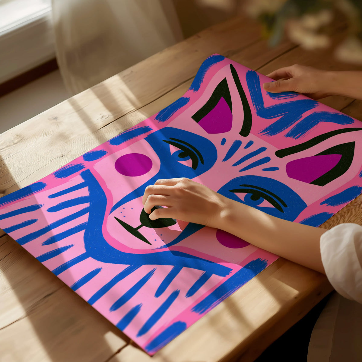 Fox Faces Forward Poster | Pink and Blue Illustrative Art Print | Kids Room Wall Art — print detail on fine art paper