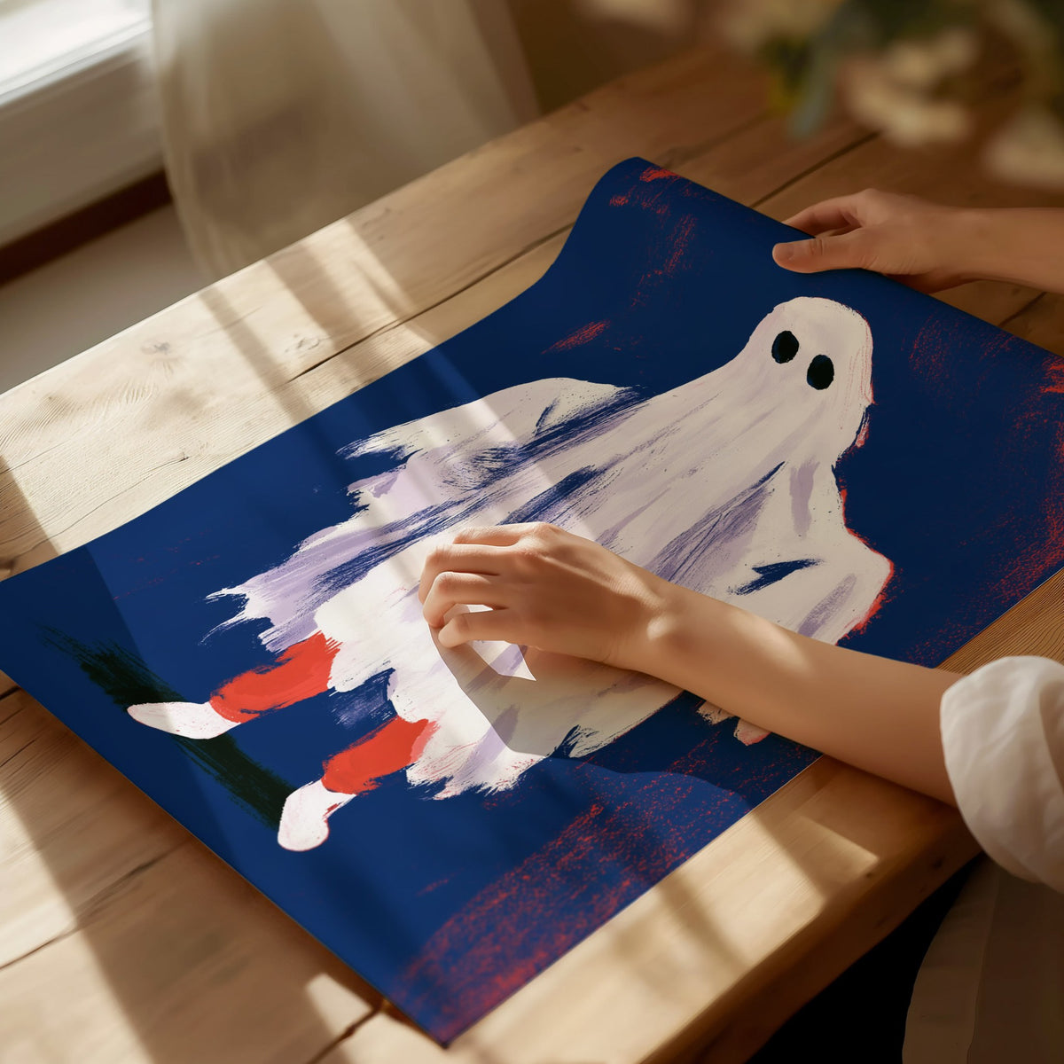 Ghost Stands Still Poster | Navy and Coral Illustrative Art Print | Kids Room Wall Art — print detail on fine art paper