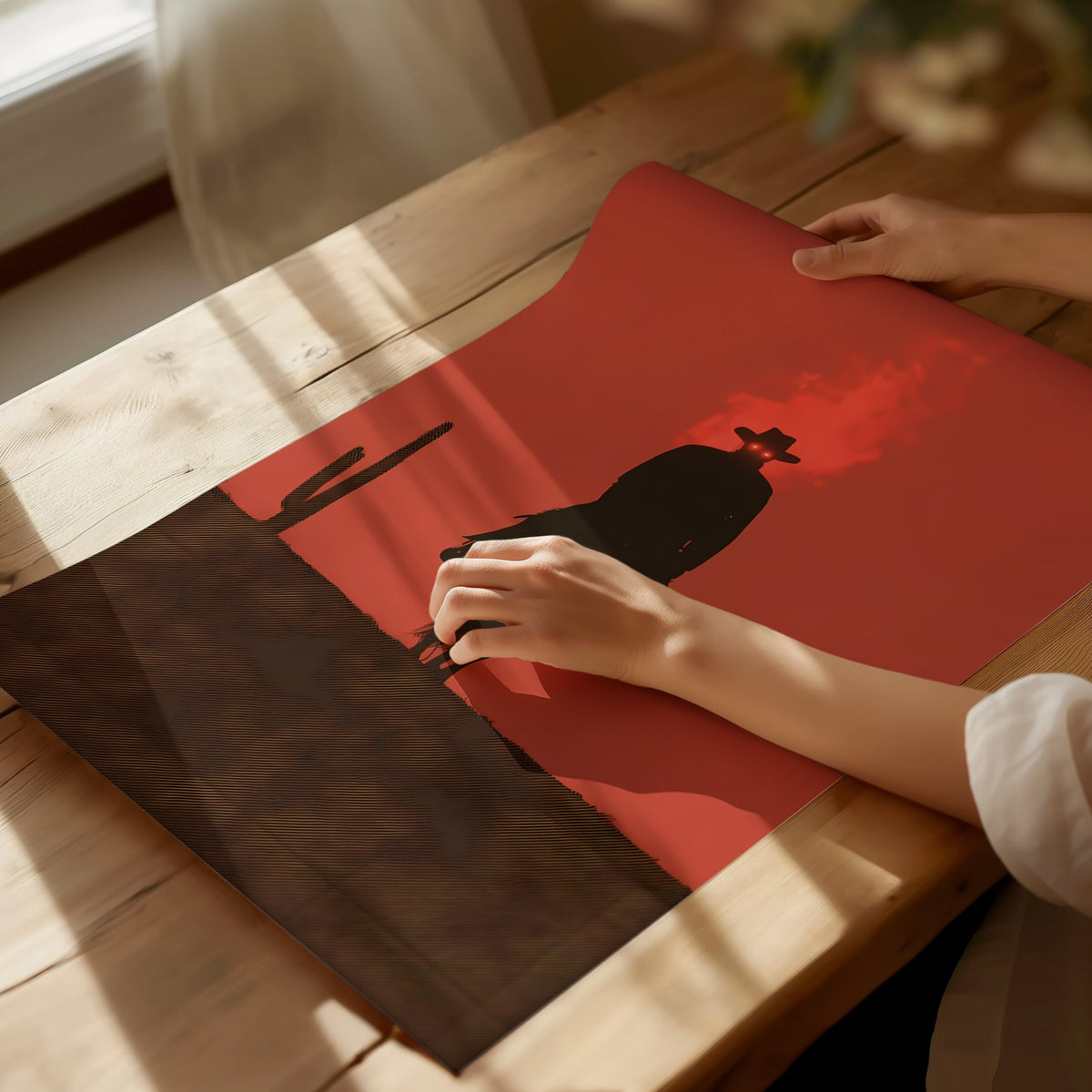 Burning Rider Poster | Coral and Slate Screen Print Art Print | Western Wall Art — print detail on fine art paper