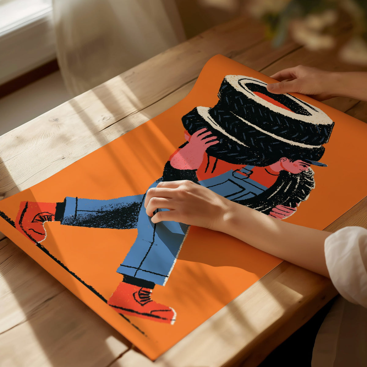 Mechanic Carries Tires Poster | Orange and Blue Illustrative Art Print | Workshop Wall Art — print detail on fine art paper