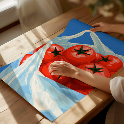 Tomatoes Coming Home Poster | Cobalt and Red Low Poly Art Print | Kitchen Wall Art — print detail on fine art paper