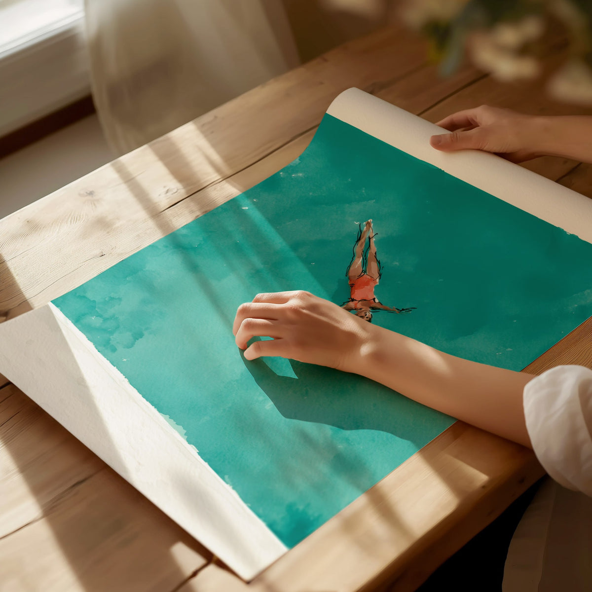 Swimmer in Pool Poster | Teal and Coral Watercolor Art Print | Spa Wall Art — print detail on fine art paper