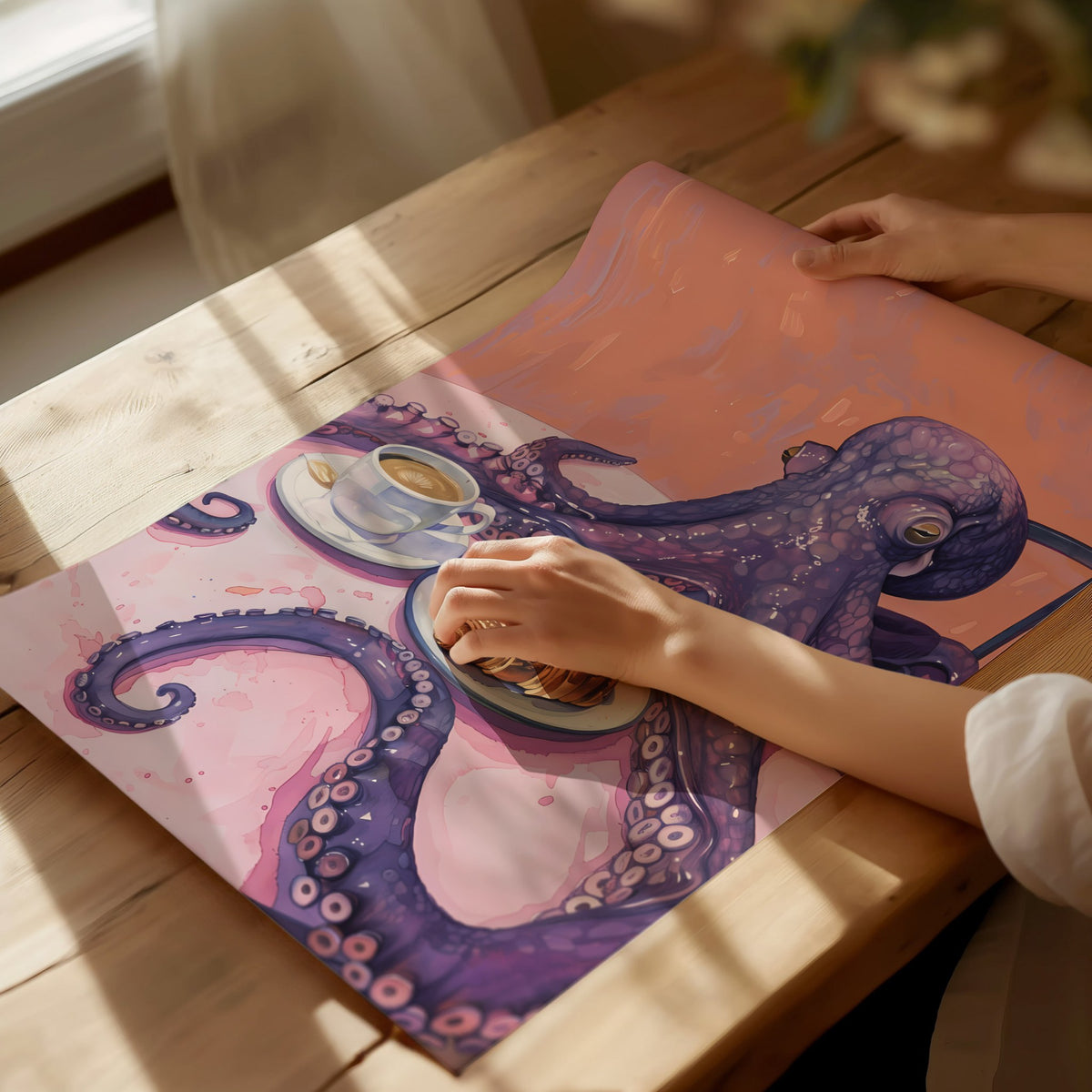 Breakfast Octopus Poster | Purple and Coral Illustrative Art Print | Kitchen Wall Art — print detail on fine art paper