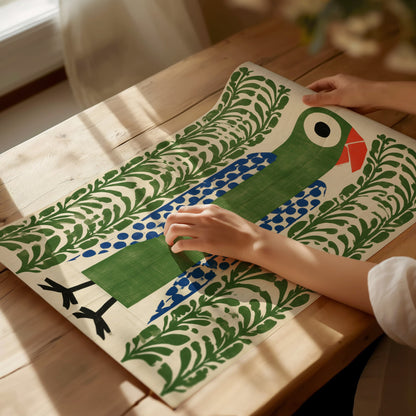 parrot-in-green Poster | Emerald and Jade Flat Design Art Print | Modern Minimal Wall Art — print detail on fine art paper