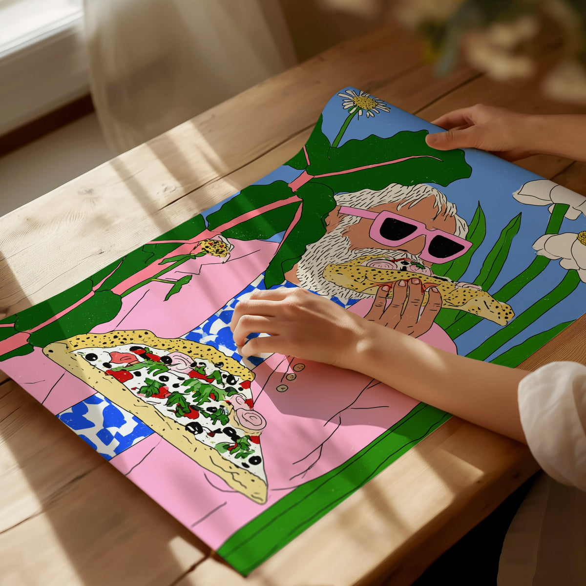 Pizza Garden Poster | Pink and Sky Illustrative Art Print | Surreal Kitchen Wall Art — print detail on fine art paper