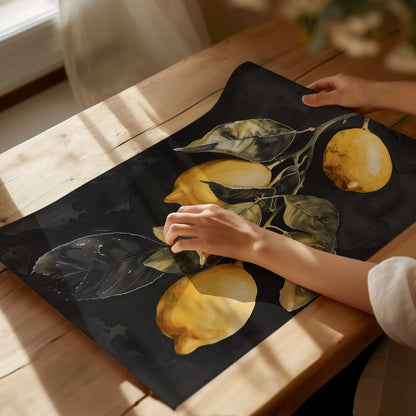 Three Lemons on Black Poster | Yellow and Black Japanese Watercolor Art Print | Kitchen Wall Art — print detail on fine art p