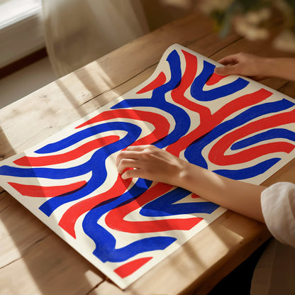 Woven Currents Poster | Coral and Cobalt Abstract Art Print | Modern Coastal Wall Art — print detail on fine art paper