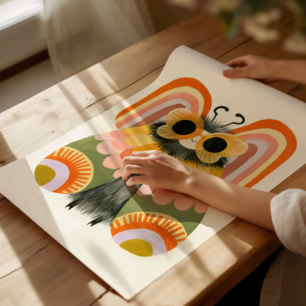 Moth Owns Rainbows Poster | Orange and Pink Illustrative Art Print | Kids Room Wall Art — print detail on fine art paper
