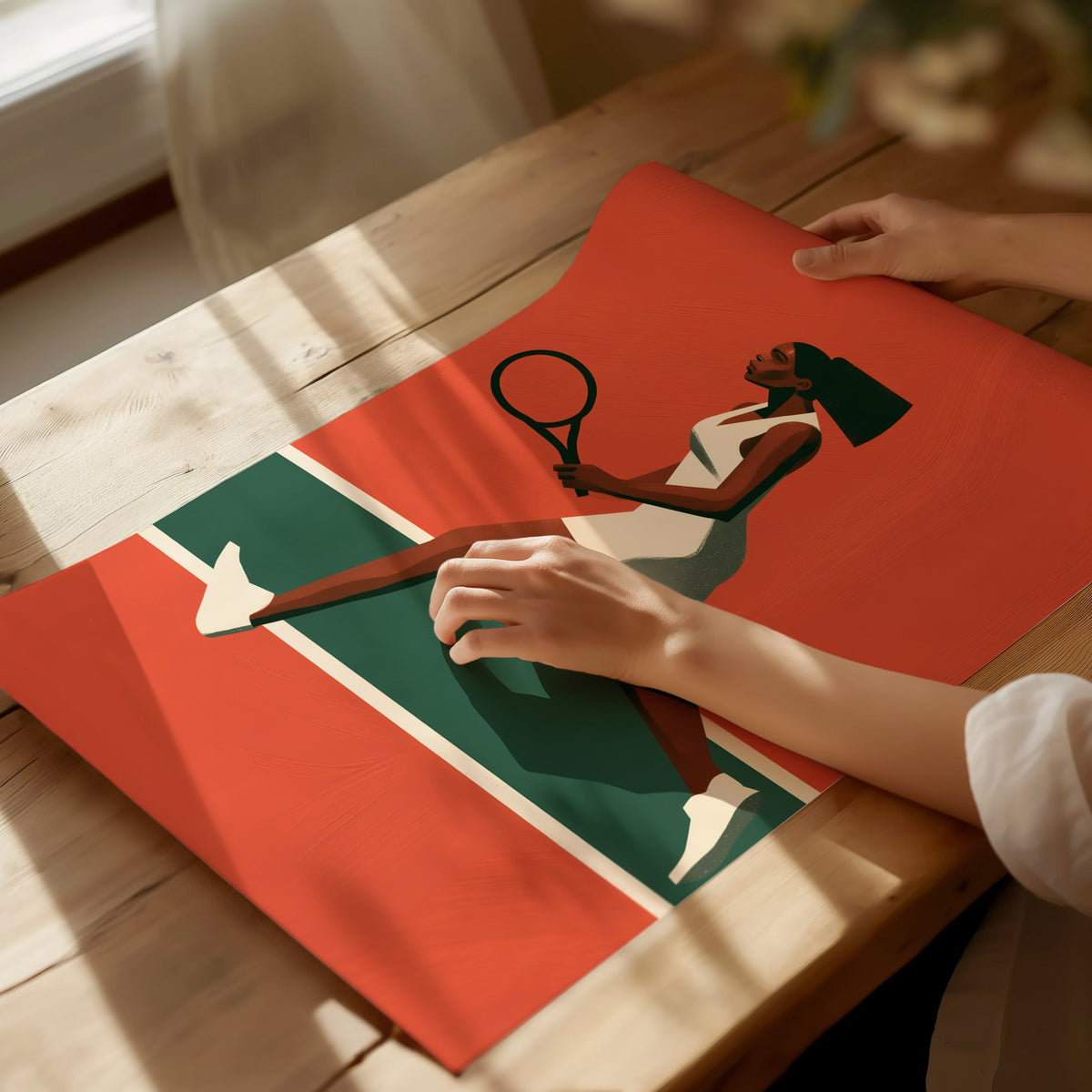 Clay Court Stride Poster | Coral and Green Illustrative Art Print | Tennis Wall Art — print detail on fine art paper