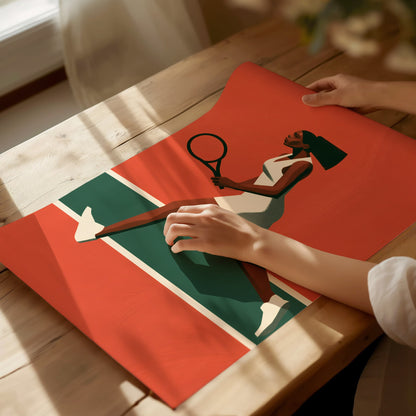 Clay Court Stride Poster | Coral and Green Illustrative Art Print | Tennis Wall Art — print detail on fine art paper