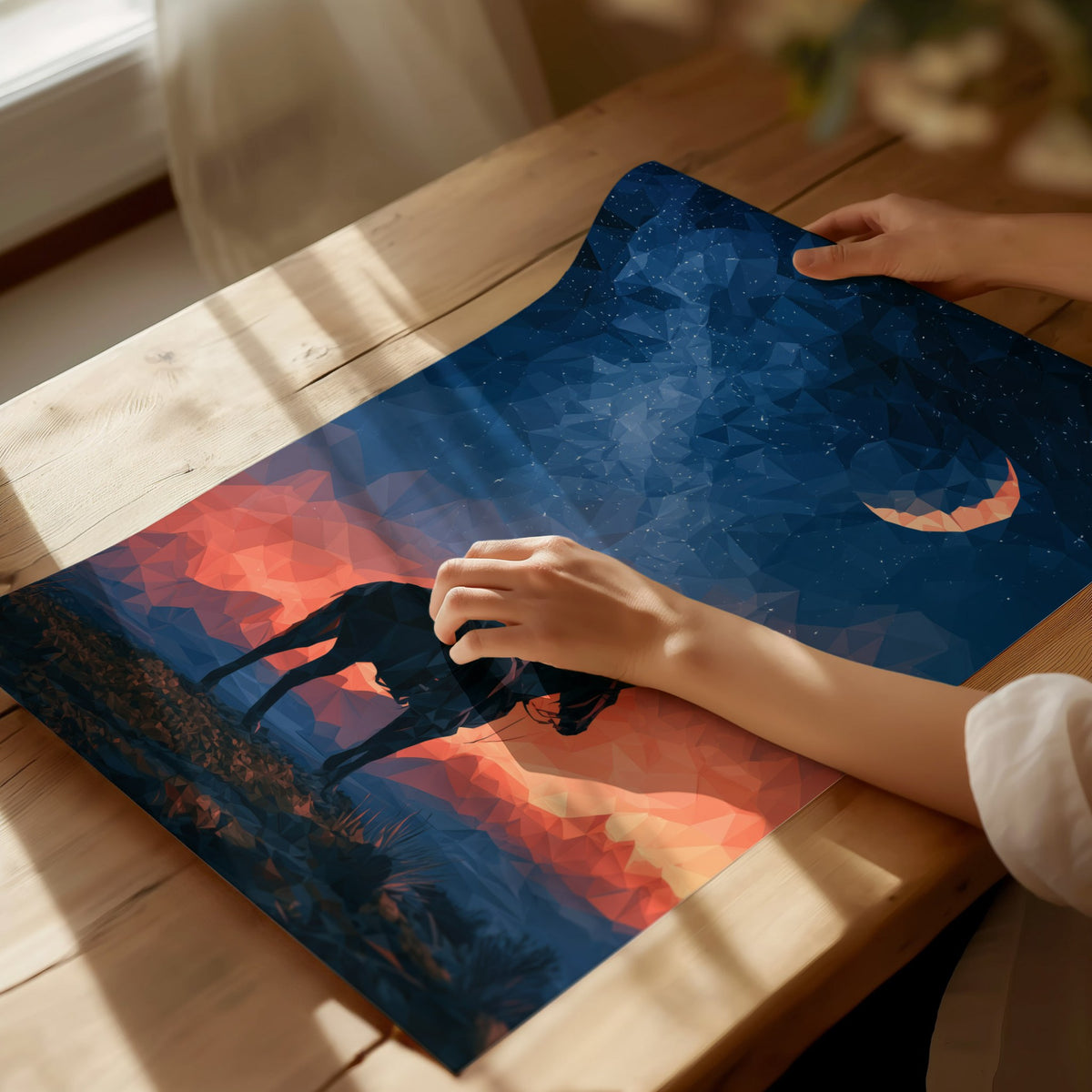 Cowboy Owns Night Poster | Deep Blue Low Poly Art Print | Western Modern Wall Art — print detail on fine art paper