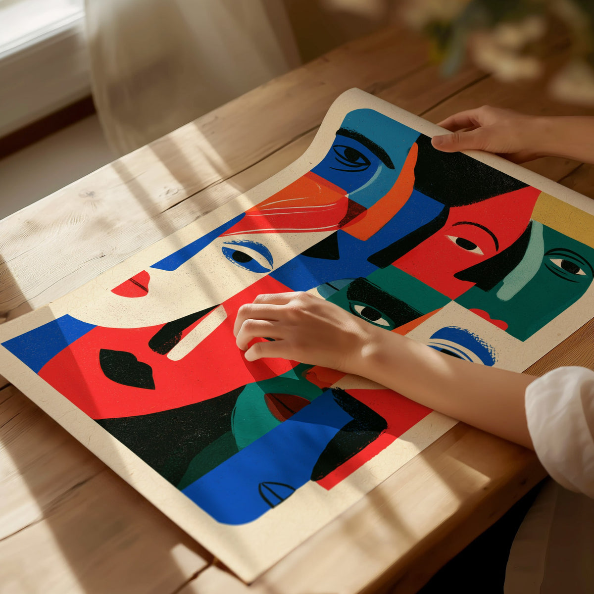 Crowd Wears Faces Poster | Multicolor Illustrative Art Print | Kids Room Wall Art — print detail on fine art paper