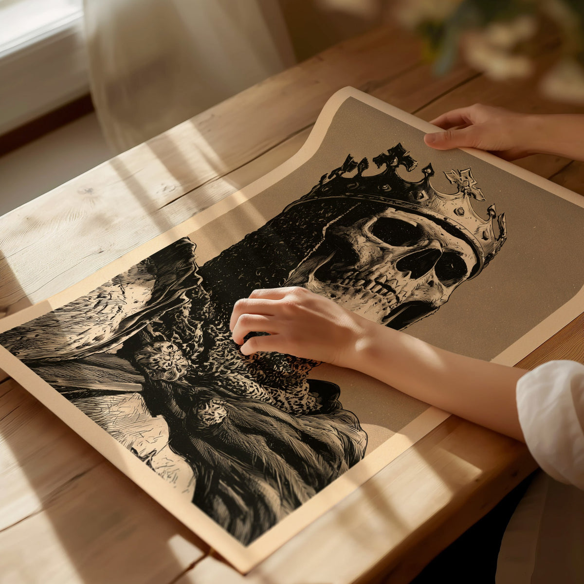 Dead King Reigns Poster | Red and Sepia Pen and Ink Art Print | Dark Fantasy Wall Art — print detail on fine art paper