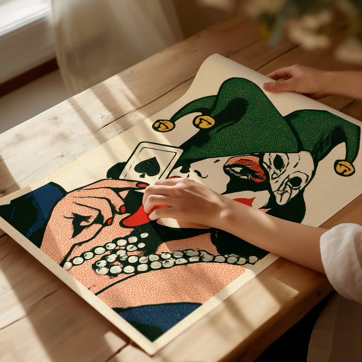 Joker Licks Ace Poster | Green and Red Screen Print Art Print | Dark Fantasy Wall Art — print detail on fine art paper