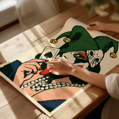 Joker Licks Ace Poster | Green and Red Screen Print Art Print | Dark Fantasy Wall Art — print detail on fine art paper
