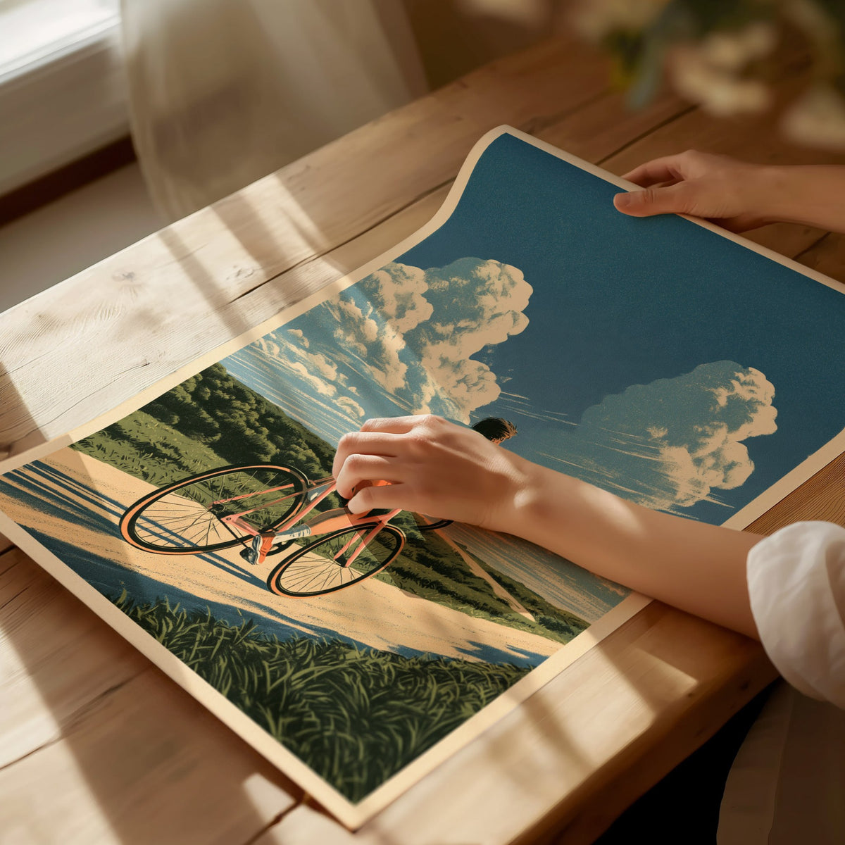 Cyclist Chases Horizon Poster | Blue and Orange Illustrative Art Print | Cycling Wall Art — print detail on fine art paper