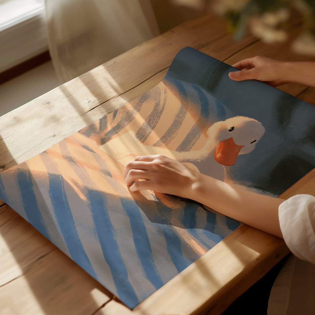 Duck Reads in Bed Poster | Soft Blue Illustrative Art Print | Kids Room Wall Art — print detail on fine art paper