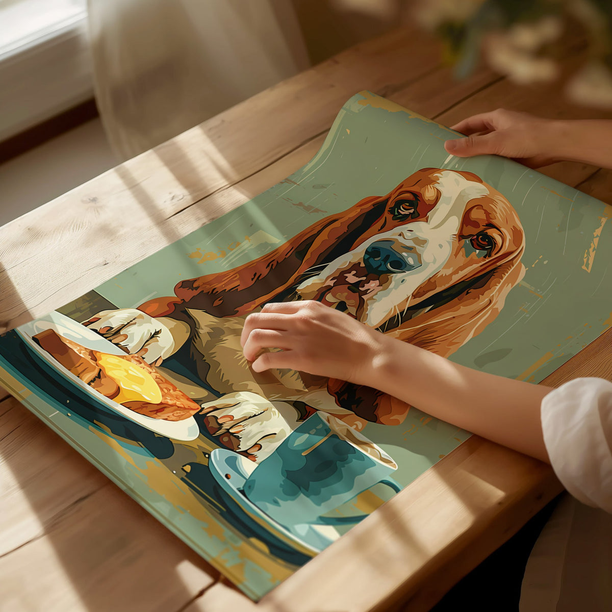 Hound Waits for Toast Poster | Tan and Cobalt Illustrative Art Print | Kitchen Wall Art — print detail on fine art paper