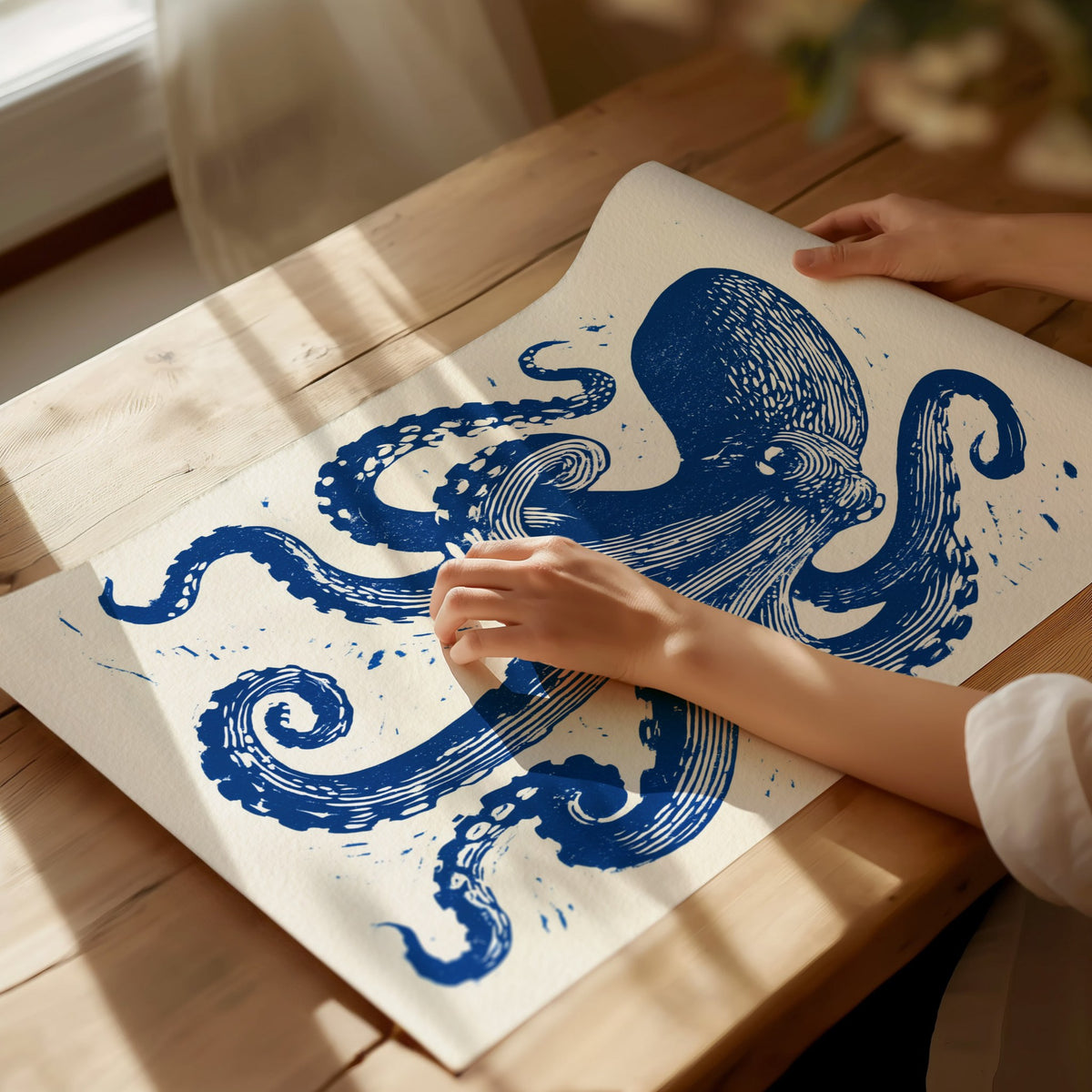 Octopus Unfurls Poster | Cobalt Blue Screen Print Art Print | Coastal Wall Art — print detail on fine art paper