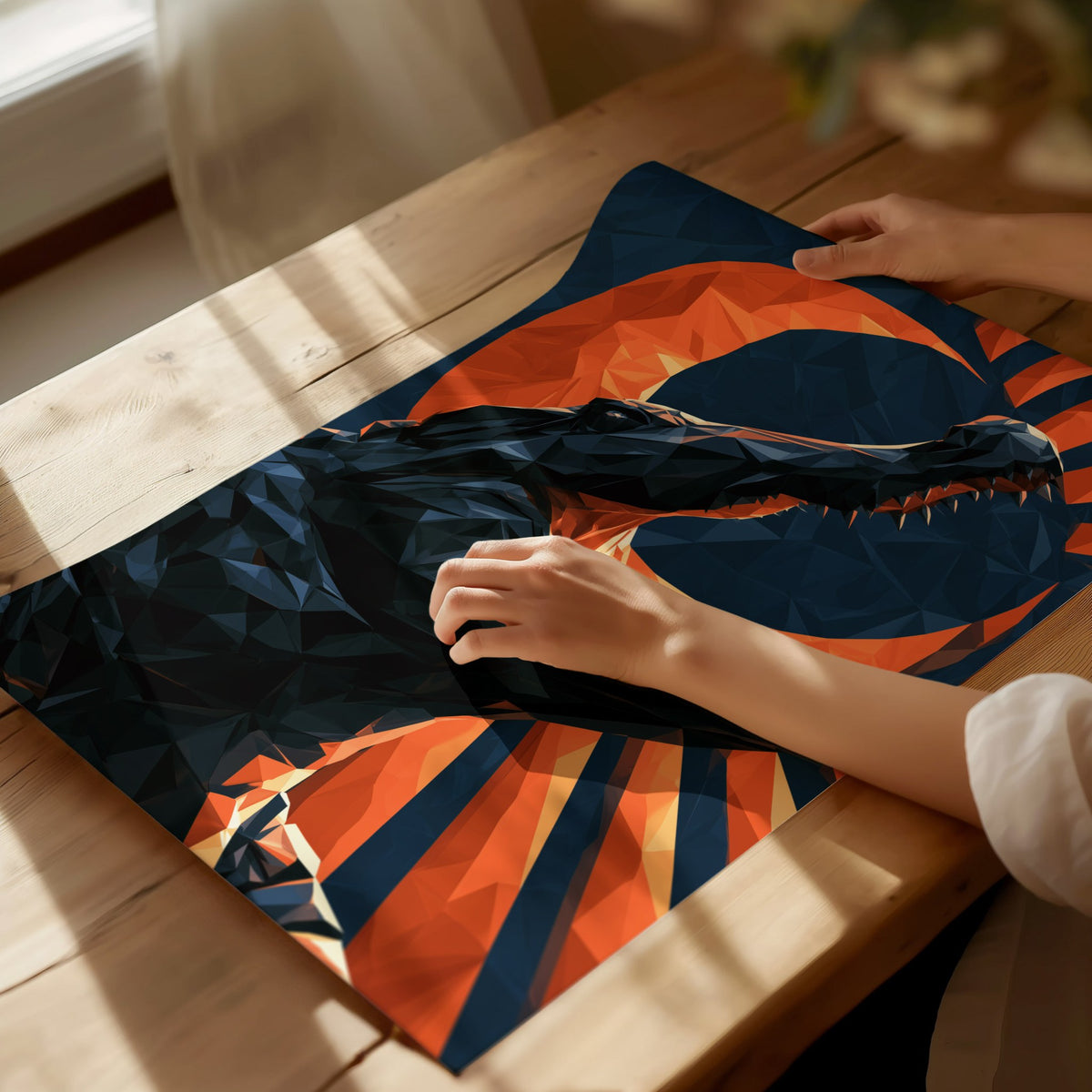 Gator Owns Crescent Poster | Orange and Navy Low Poly Art Print | Dark Fantasy Wall Art — print detail on fine art paper